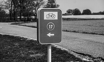 A cyclist route sign with the number 17 and a left arrow, situated along a rural road with trees and open fields in the background, in black and white.