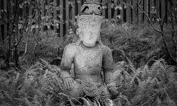 A detailed ancient stone sculpture of a serene female figure with ornate decoration, surrounded by lush ferns and trees in a tranquil outdoor setting.