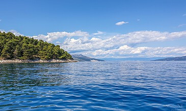 A peaceful lakeside scene featuring a forested coast, clear water, and a vibrant blue sky with fluffy clouds, perfect for nature and landscape photography. A lush green forested shoreline extends into calm blue waters under a bright sky with scattered clouds, showcasing a serene natural landscape.