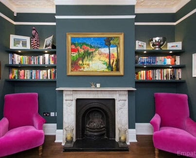 Stylish dark painted wall recessed floating shelves with LED lights