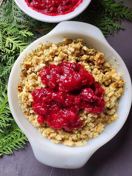 making the Stove Top stuffing with Cranberry Sauce