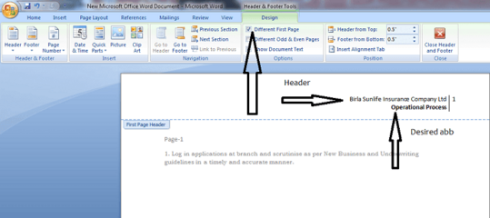 Keep header first page only microsoft word