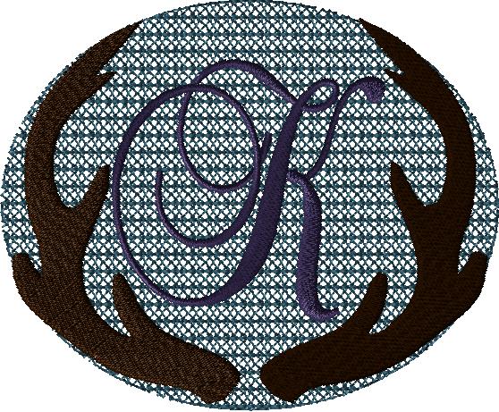 Antlers with a knockdown stitch and an alphabet letter: K