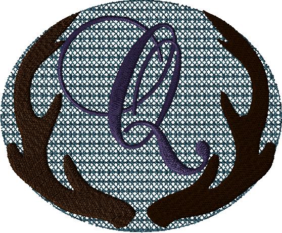 Antlers with a knockdown stitch and an alphabet letter: Q