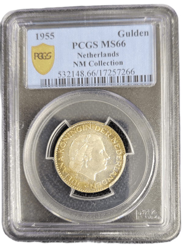 Koningin Juliana zilveren 1 gulden 1955 MS66 PCGS front