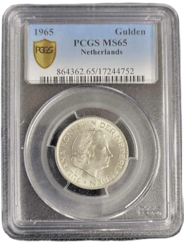 Koningin Juliana zilveren 1 gulden 1965 MS65 PCGS 052 front