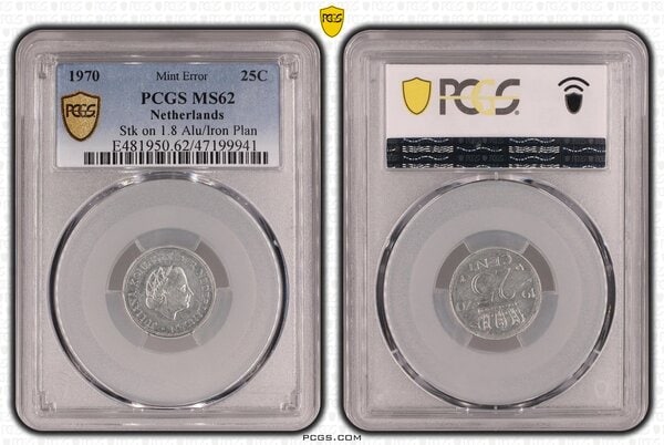 25 cent 1970 op aluminium muntplaatje ms62 pcgs