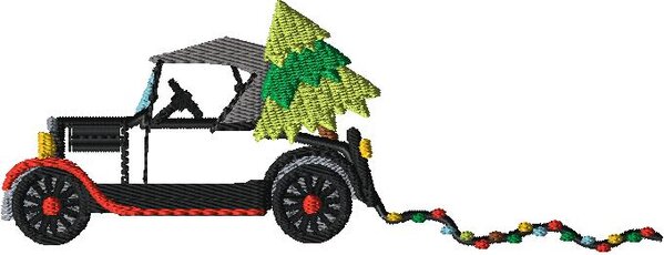 Applique Model T Christmas Tree dragging lights 5x7