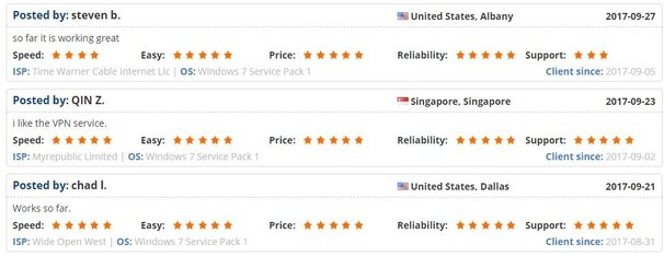 Astrill user reviews on their website