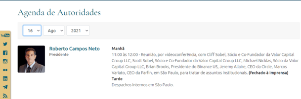 Agenda for the President of Brazil's Central Bank. Image: Brazil's Central Bank