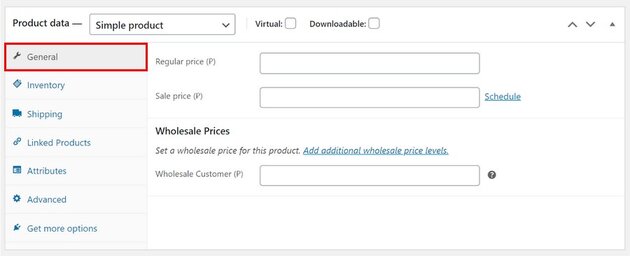 WooCommerce product data General tab