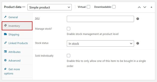 WooCommerce product inventory tab