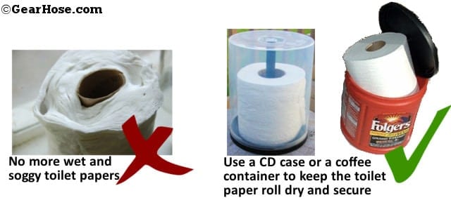Keep toilet paper dry in a cd cover or a coffee container
