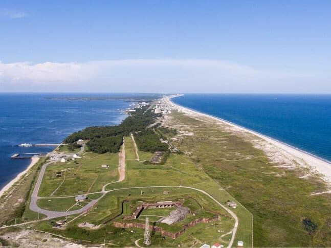 Aerial view of Fort Morgan and a point of land called Mobile Point in Alabama