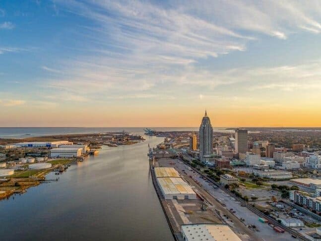 Aerial view of the port and city of Mobile, Alabama