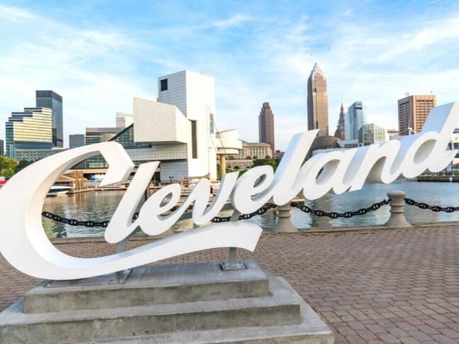 Cleveland sign with the Rock and Roll Hall of Fame across the water