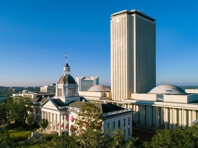 Aerial view of the Florida state capitol building in Tallahassee