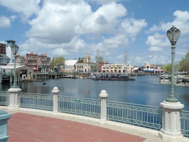 View from a bridge over water and some attractions at Universal Studios Orlando