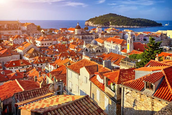 Croatia - Dubrovnik - Panorama Dubrovnik Old Town roofs at sunset. Europe, Croatia