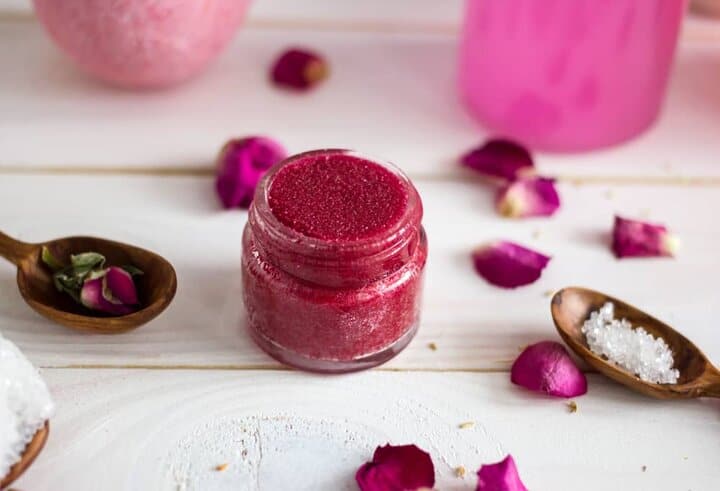 Homemade lip scrub in a glass jar