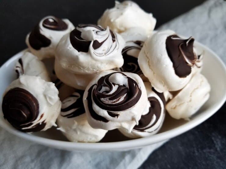 Chocolate Swirled meringue Cookies in a White Bowl