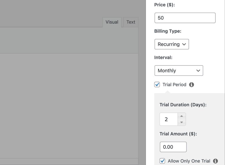 memberpress pricing settings and trial period
