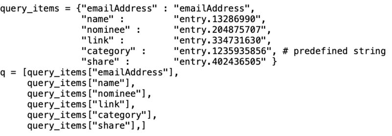 Identifying the various fields in the award submission Google Form - screenshot by author