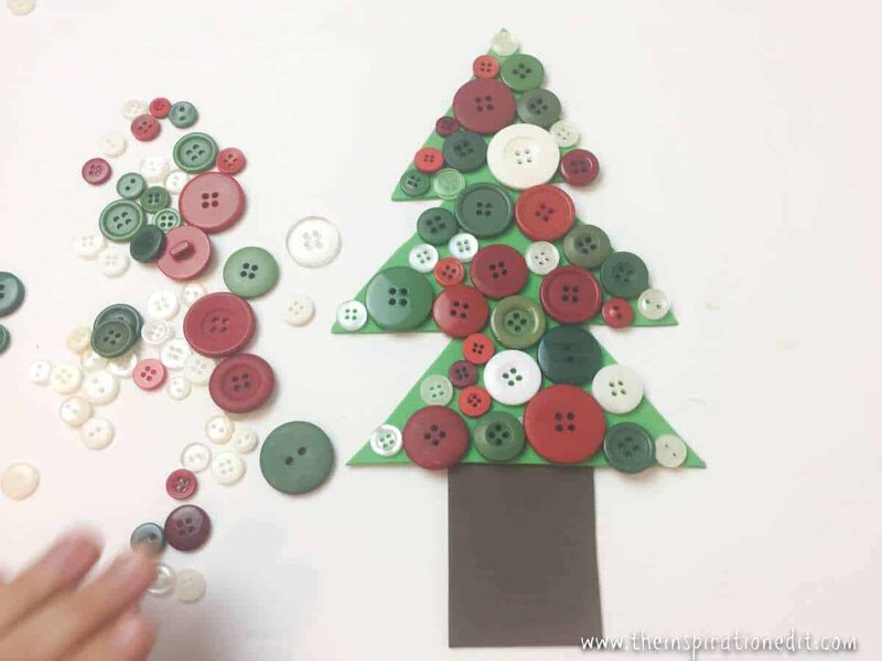 Christmas tree shaped with buttons glued to green craft paper