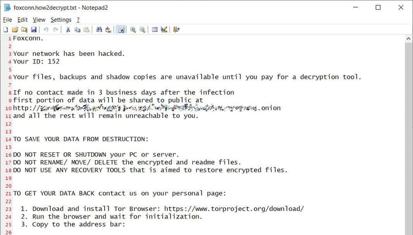 Ransom Note Left For Foxconn. Source: BleepingComputer