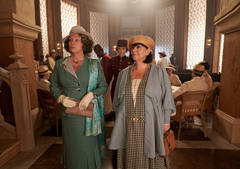 Jennifer Saunders as Marie Van Schuyler and Dawn French as Bowers in 20th Century Studios' DEATH ON THE NILE, a mystery-thriller directed by Kenneth Branagh based on Agatha Christie's 1937 novel. Photo by Rob Youngson. © 2020 Twentieth Century Fox Film Corporation. All Rights Reserved.