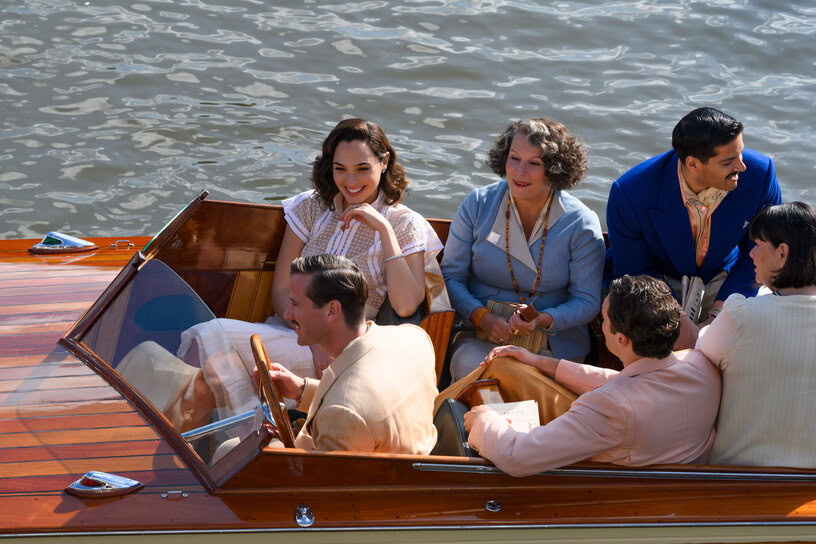 (clockwise from top left) Gal Gadot as Linnet Ridgeway, Jennifer Saunders as Marie Van Schuyler, Ali Fazal as Andrew Katchadourian, Dawn French as Bowers, Tom Bateman as Bouc and Armie Hammer as Simon Doyle in 20th Century Studios' DEATH ON THE NILE, a mystery-thriller directed by Kenneth Branagh based on Agatha Christie's 1937 novel. Photo by Rob Youngson. © 2020 Twentieth Century Fox Film Corporation. All Rights Reserved.