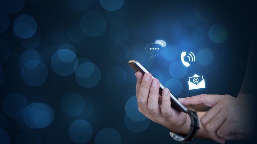 contact us icons (messaging, phone, and email) hover over a mobile phone