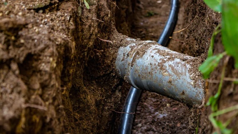 an underground sewer and water pipe in an excavated trench deep in the ground