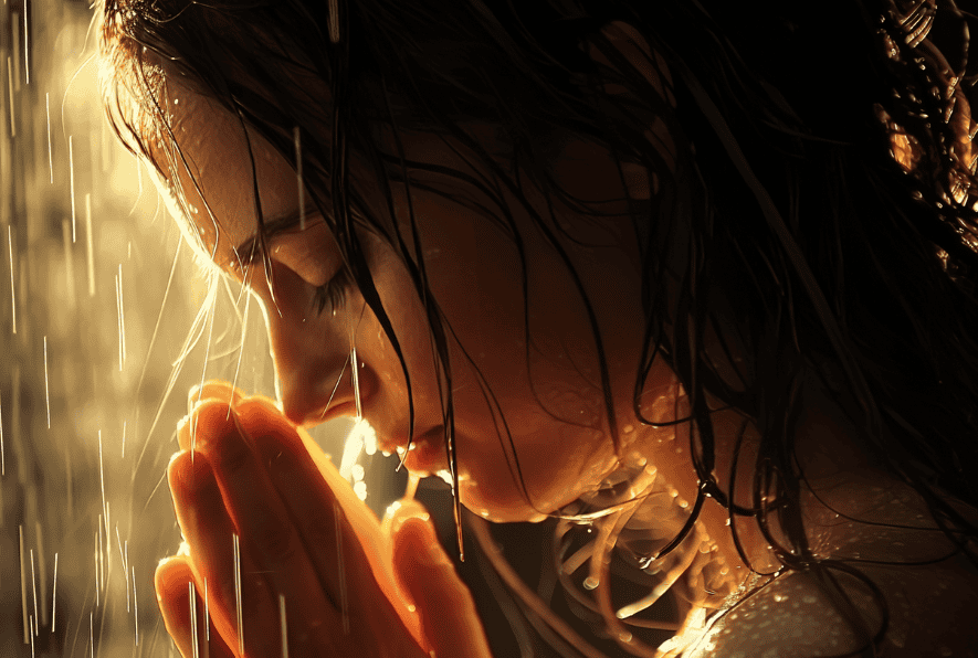 woman reciting a short spiritual shower prayer during her personal shower ritual