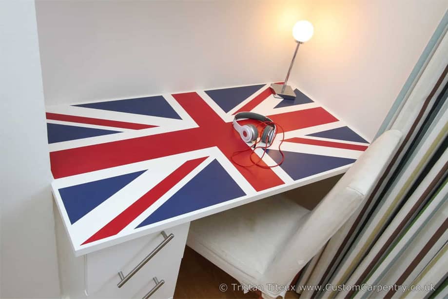 Fitted Union Jack desk with White painted drawers with slanted steel bar handles on the side