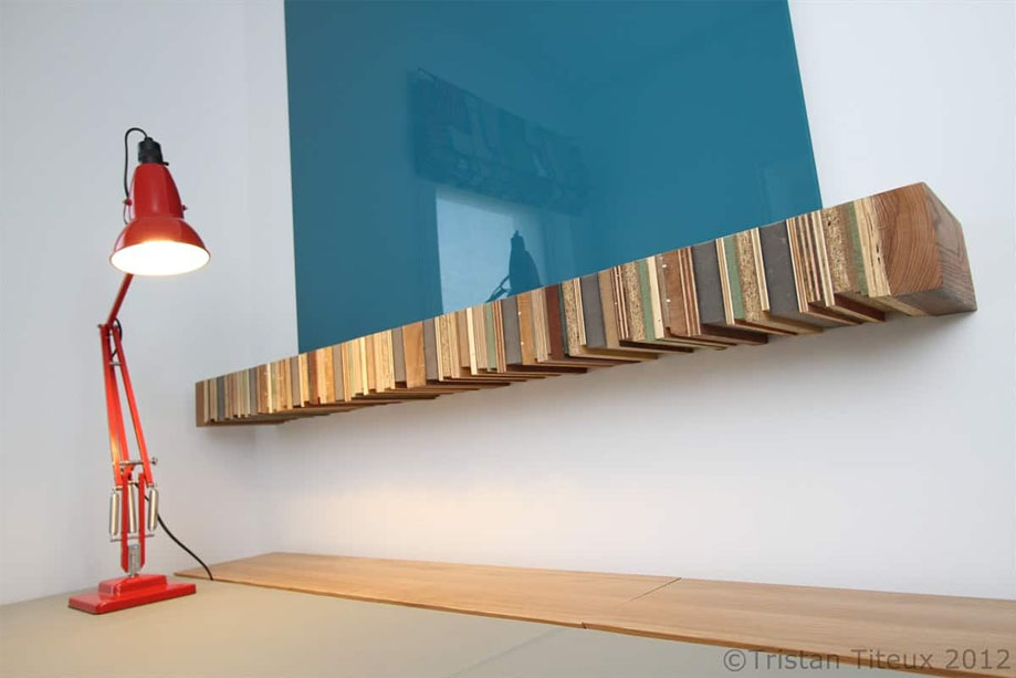 Insutrial wall-mounted eco-friendly shelf made from recylced colourful wood boards