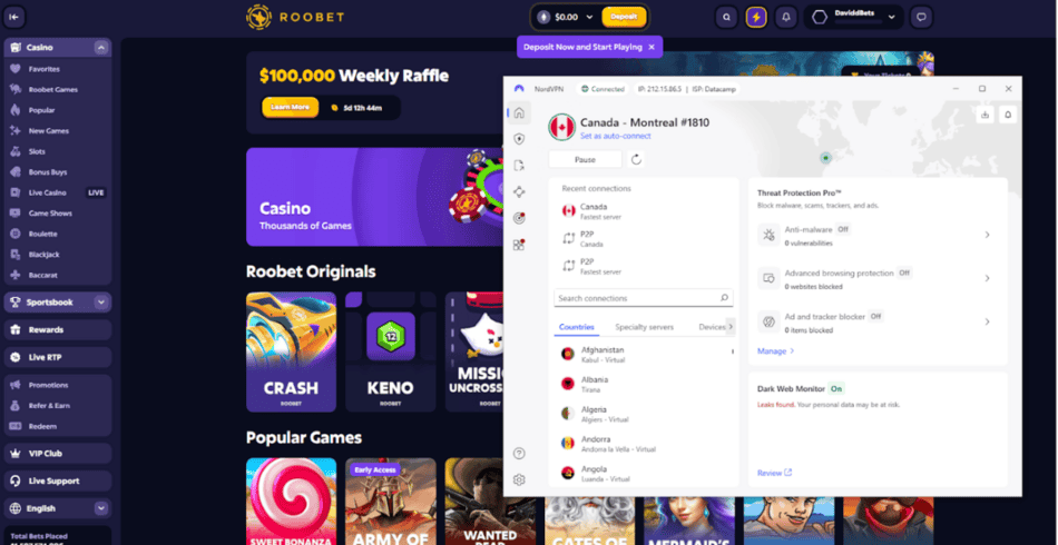 Interfaz del lobby principal de Roobet, mostrando juegos de casino y opciones de criptomonedas
