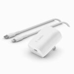 Cargador de pared Belkin USB-C de 20 W + Cable USB-C con conector Lightning, WCA006DQ1MWH-B5