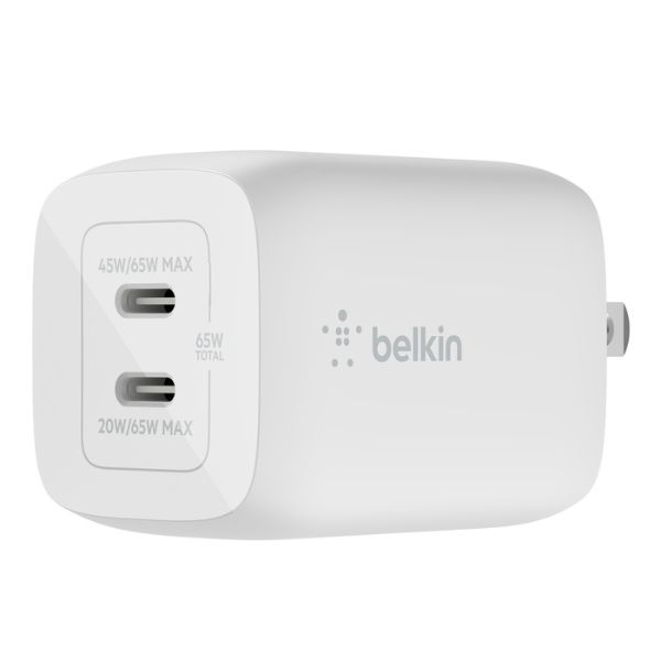 Cargador de pared Belkin GaN con doble puerto USB-C y PPS de 65W, WCH013DQWH