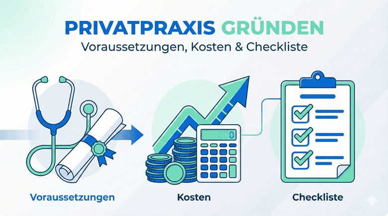 Grafik mit Titel Privatpraxis gründen und Symbolen für Voraussetzungen, Kostenkalkulation und Checkliste.