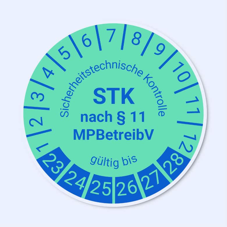 STK-Prüfplakette zur sicherheitstechnischen Kontrolle von Medizinprodukten nach § 11 MPBetreibV