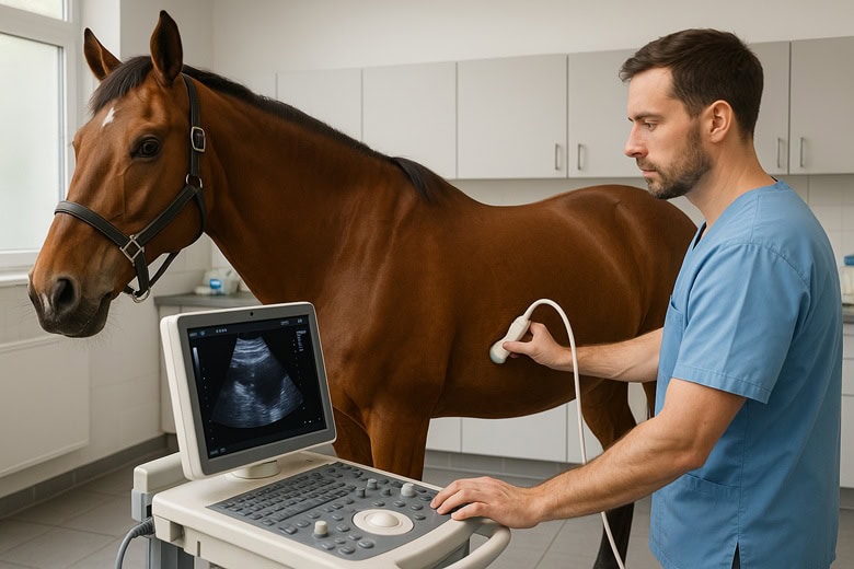 Tierarzt untersucht ein Pferd mithilfe eines Ultraschallgeräts in einer Tierarztpraxis.