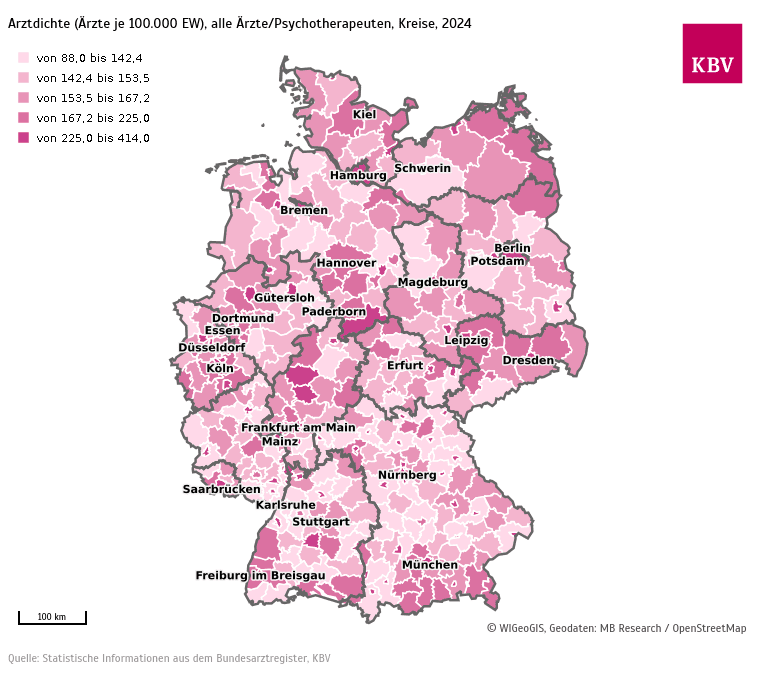 Karte der Ärztedichte in Deutschland 2024 nach Kreisen mit farblicher Darstellung der Versorgungsdichte von Ärzten und Psychotherapeuten pro 100.000 Einwohner.