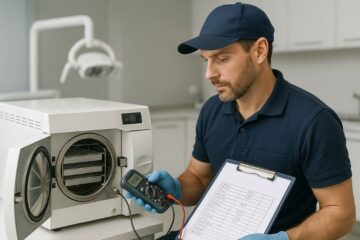 Techniker bei der Validierung eines Autoklaven in einer Zahnarztpraxis zur Qualitäts- und Hygienekontrolle