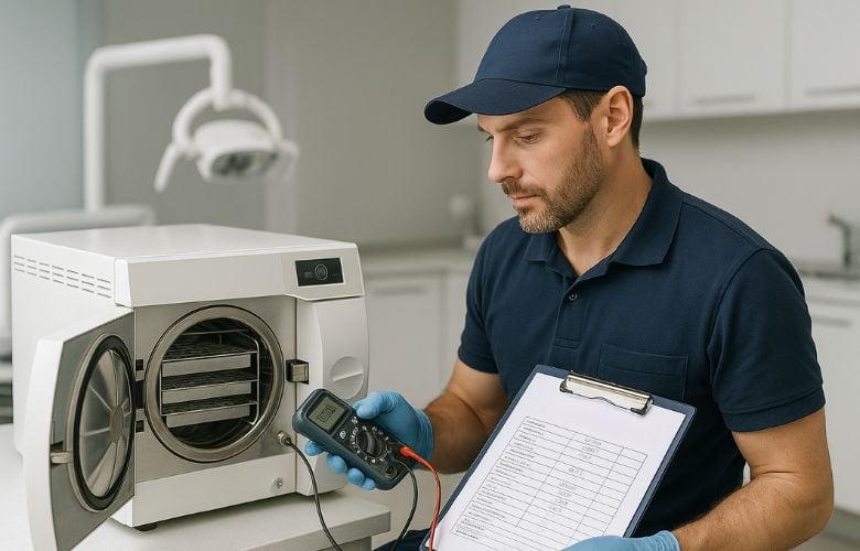 Techniker bei der Validierung eines Autoklaven in einer Zahnarztpraxis zur Qualitäts- und Hygienekontrolle