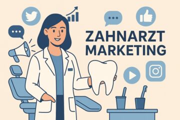 Illustration einer Zahnärztin mit Symbolen für Social Media und Marketingstrategien zur Patientengewinnung in der Zahnarztpraxis.