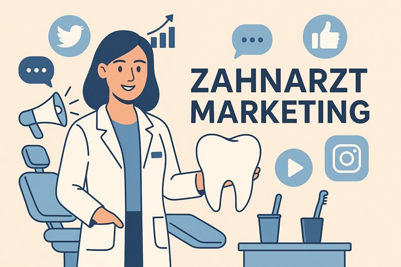 Illustration einer Zahnärztin mit Symbolen für Social Media und Marketingstrategien zur Patientengewinnung in der Zahnarztpraxis.