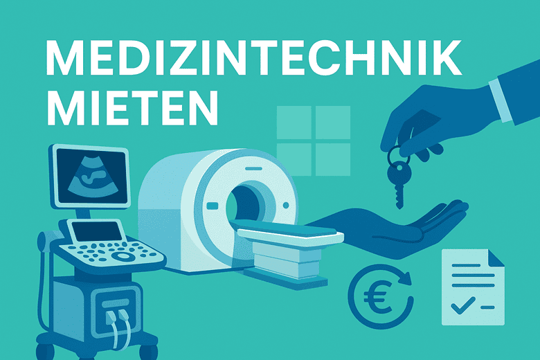 Illustration zur Miete von Medizintechnik wie MRT und Ultraschallgerät mit Schlüsselübergabe-Symbol