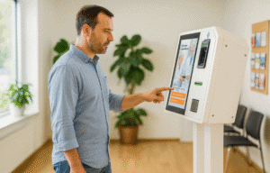 Mann bedient digitales Patiententerminal in einer modernen Arztpraxis