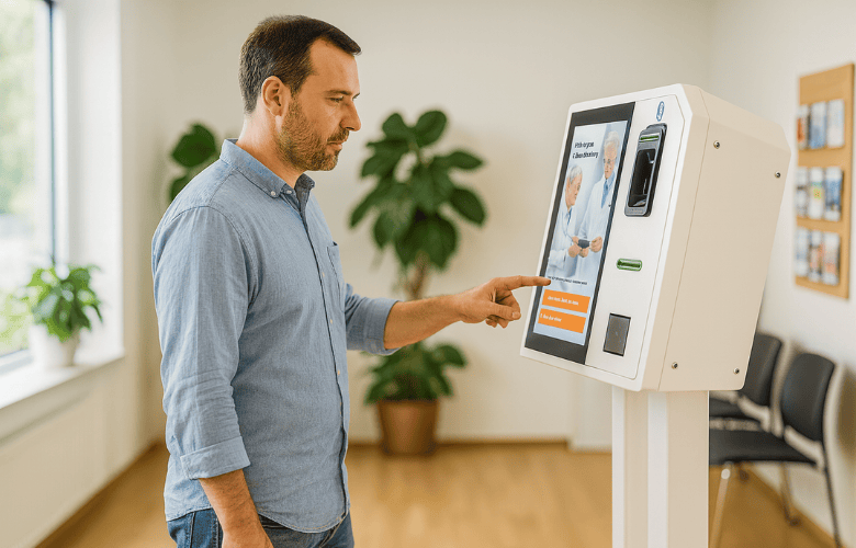 Mann bedient digitales Patiententerminal in einer modernen Arztpraxis